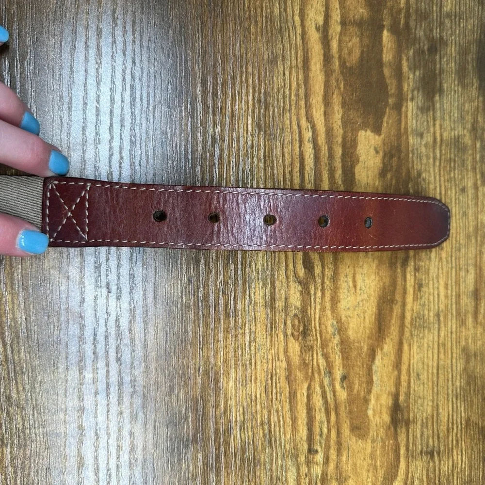Orvis Mens Canvas and Leather Belt Brown Khaki Brass Buckle Made in USA Size 38